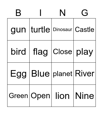 english bingo Card