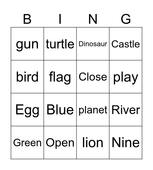 english bingo Card