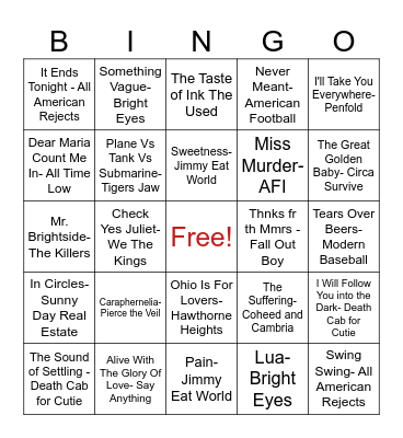 Emo Music Bingo Card
