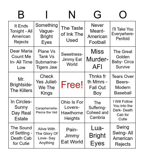 Emo Music Bingo Card