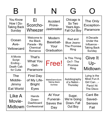 Emo Music Bingo Card