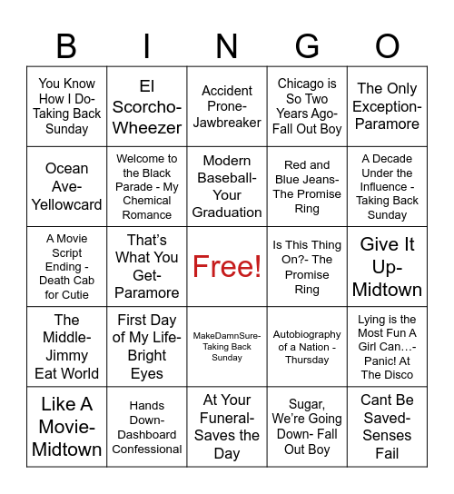 Emo Music Bingo Card