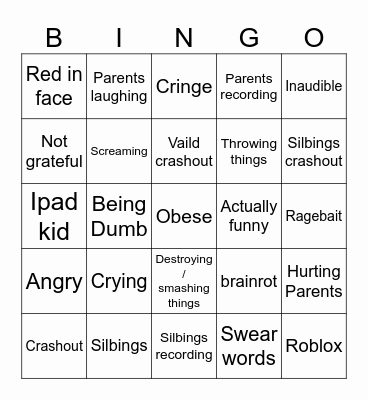 Kids crashing out bingo Card