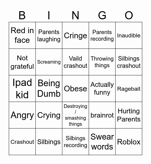 Kids crashing out bingo Card