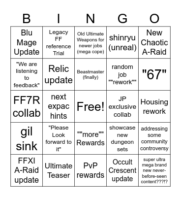 Elwin's XCI Live Letter Bingo Card