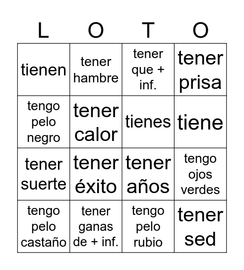 Expresiones con TENER Bingo Card
