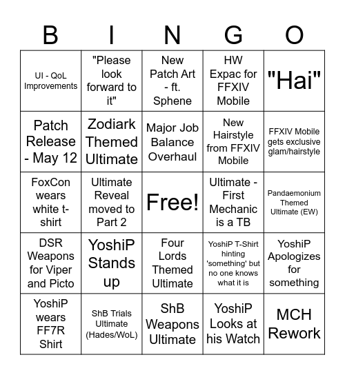 FFXIV Live Letter Bingo Card Bingo Card