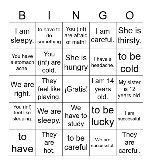 Expressions with Tener Bingo Card