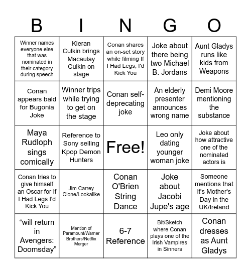 Oscars Bingo Card