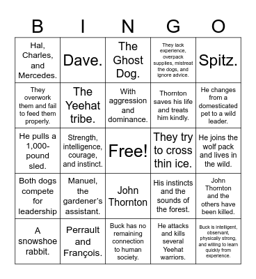 Call of the Wild Bingo Card