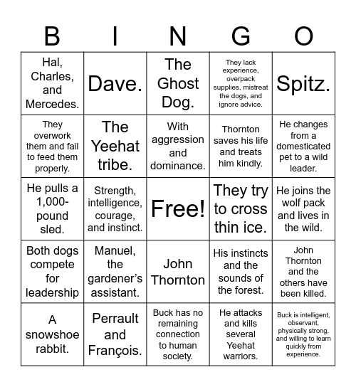 Call of the Wild Bingo Card