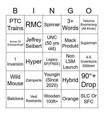 Six Flags Bingo Card