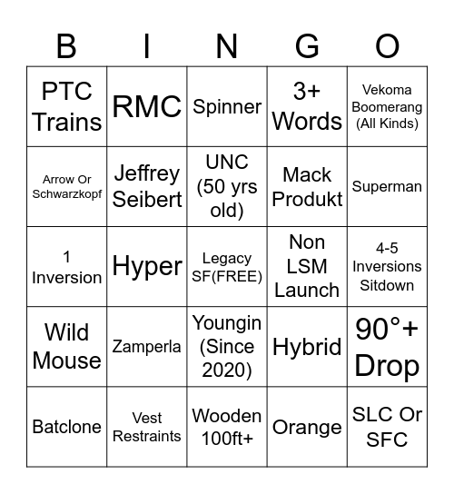 Six Flags Bingo Card