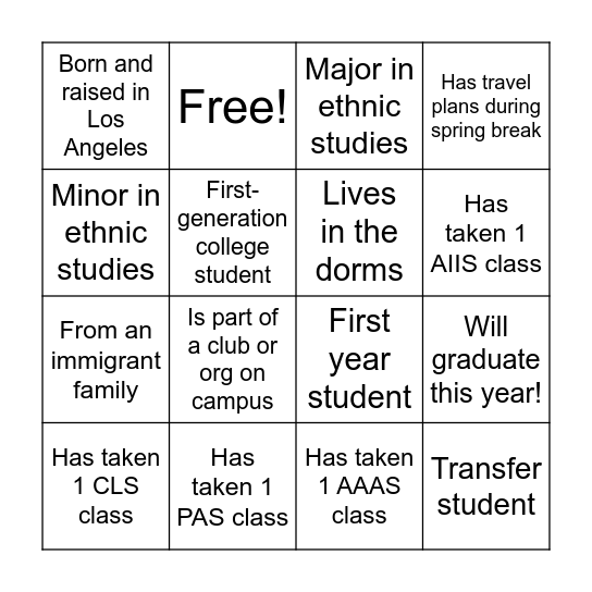 Ethnic Studies Student Mixer Bingo Card