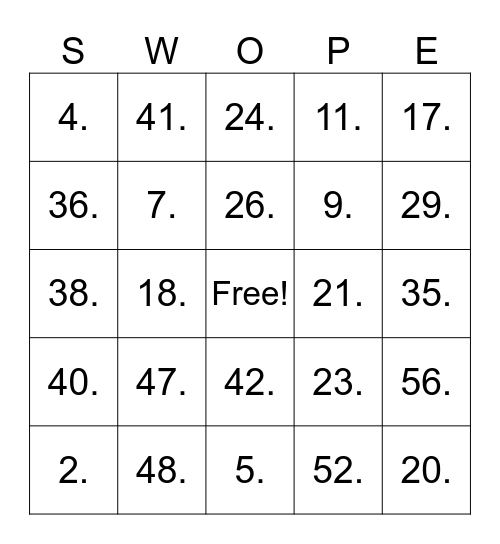 SWOPE STAFF BINGO Card