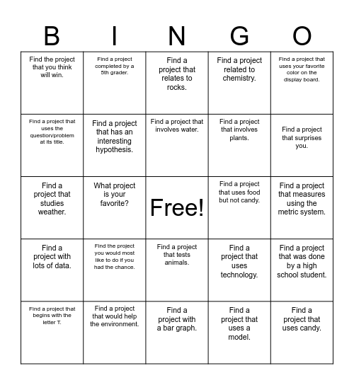 Science Fair Scavenger Hunt Bingo Card