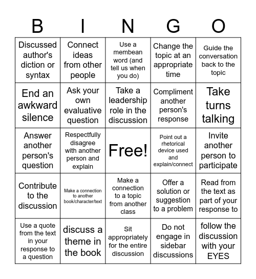 Class Discussion Bingo Card