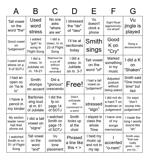 Choir Rehearsal Bingo Card