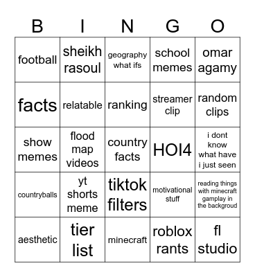 yt shorts bingo Card