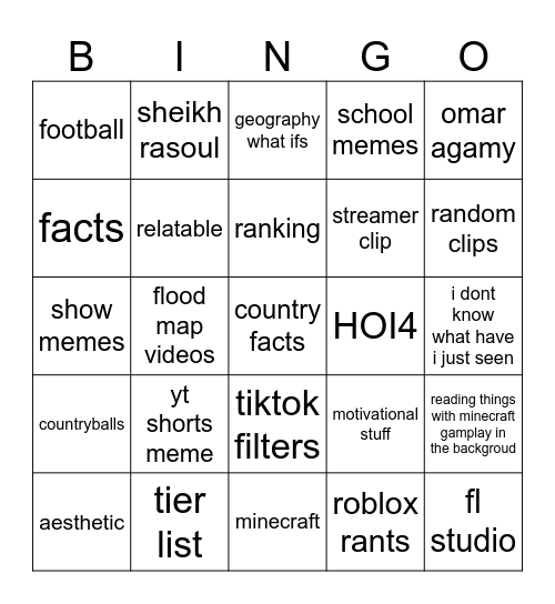 yt shorts bingo Card