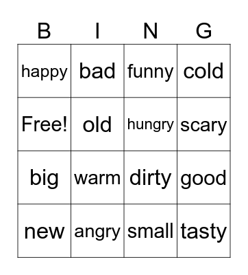 Extreme adjetives Bingo Card