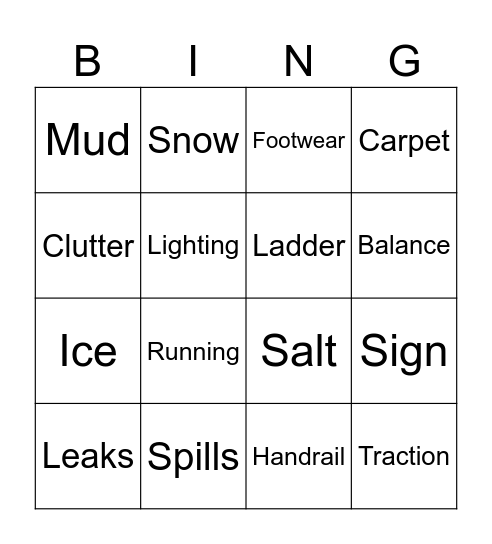 Slips and Fall Bingo Card