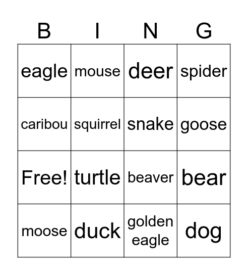 animals Bingo Card