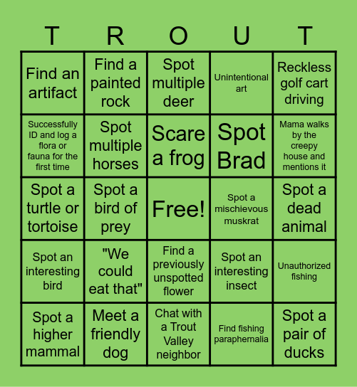 Trout Valley Bingo Card