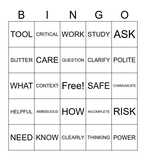 SAFETY TOOL CLARIFYING QUESTION Bingo Card