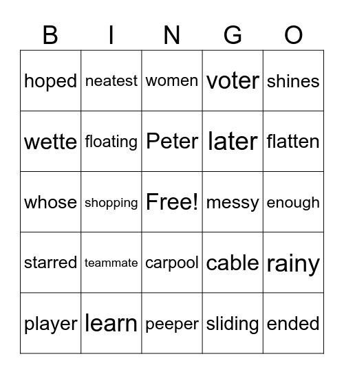 Sight Word BINGO Card