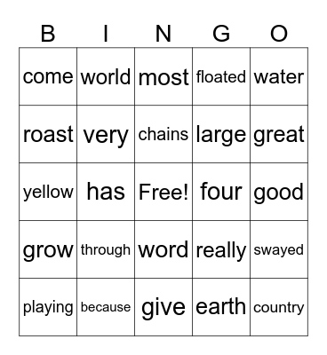 4th Grade Bingo Card