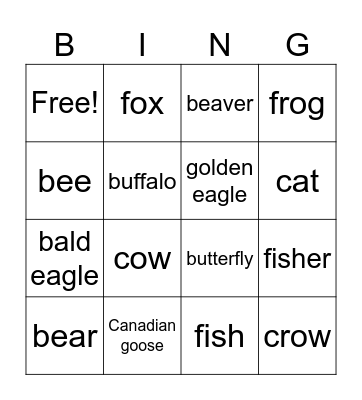 Ojibwe animal Bingo Card