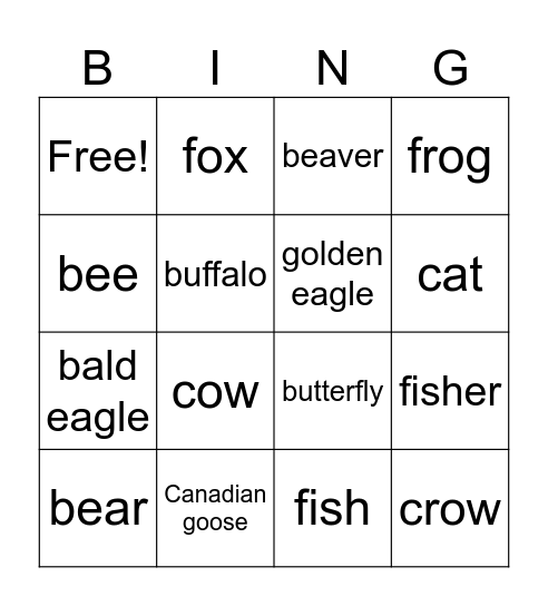 Ojibwe animal Bingo Card