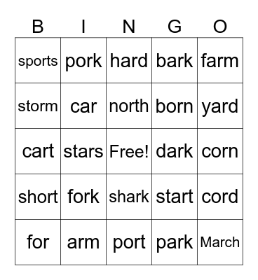 R Controlled Words - AR and OR Bingo Card