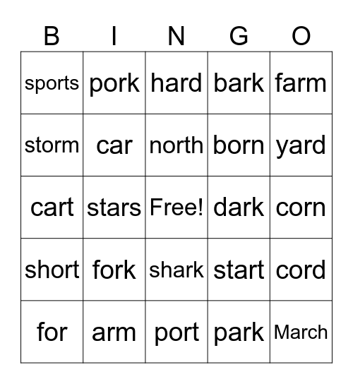 R Controlled Words - AR and OR Bingo Card