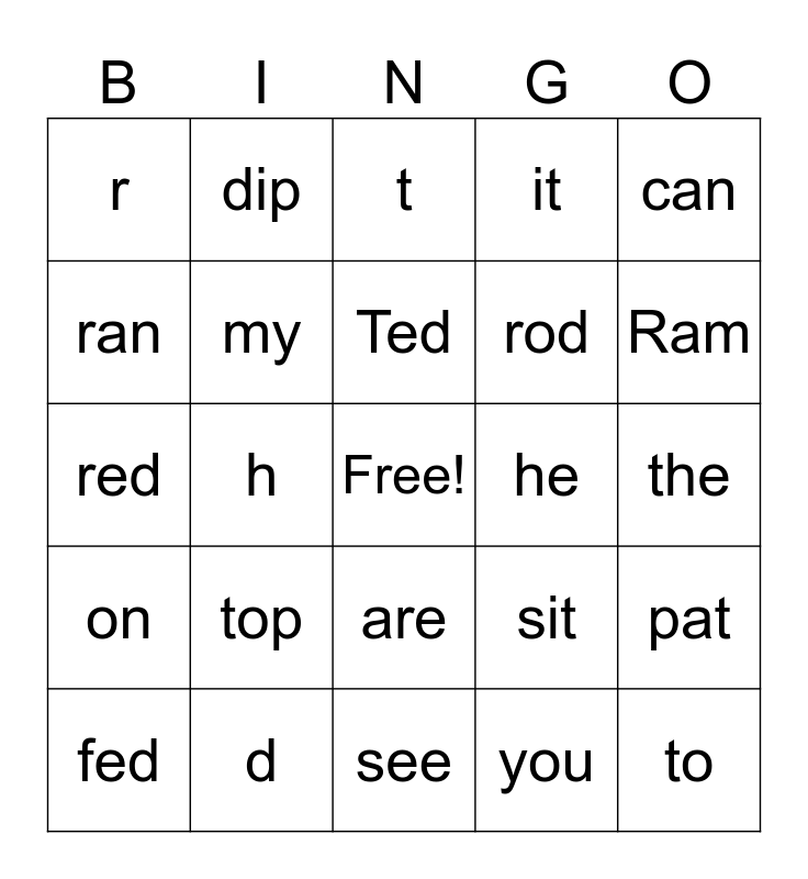 Kindergarten Bingo Card