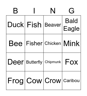 Animal Bingo Card