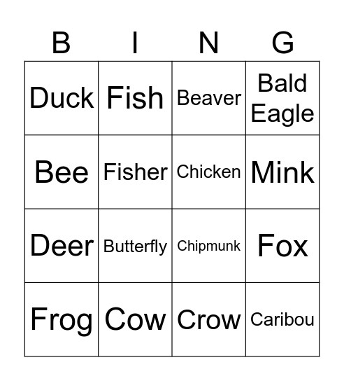 Animal Bingo Card