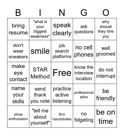 Job Interview Bingo Card