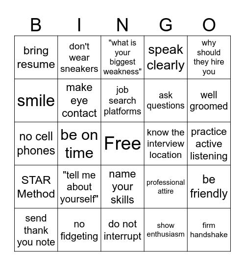 Job Interview Bingo Card