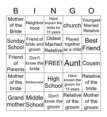 Smith's Bridal Shower Bingo Card