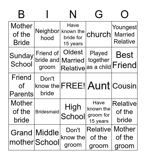 Smith's Bridal Shower Bingo Card