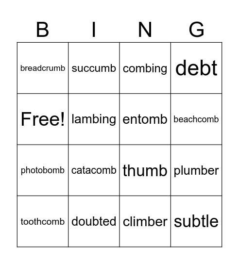 silent letter b words Bingo Card