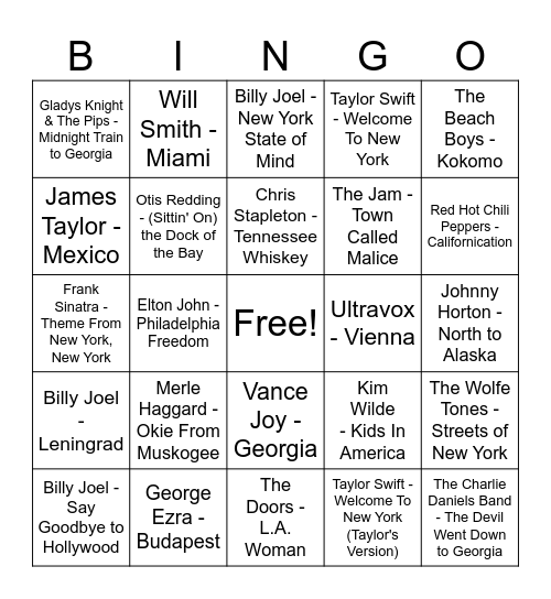 Names of Places Bingo Card