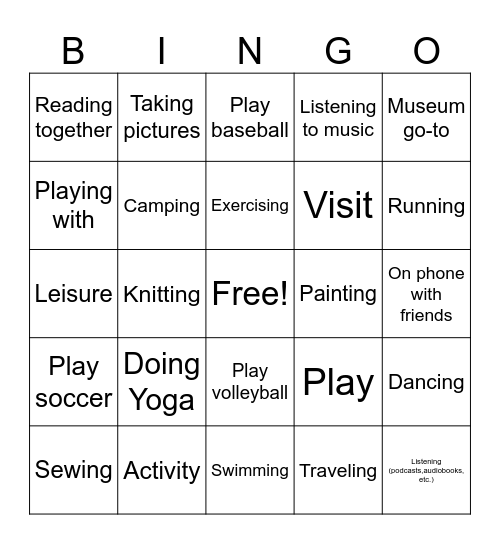Leisure Activities in ASL Bingo Card