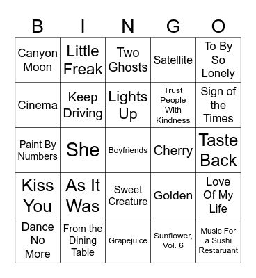 Harry Styles Bingo Card