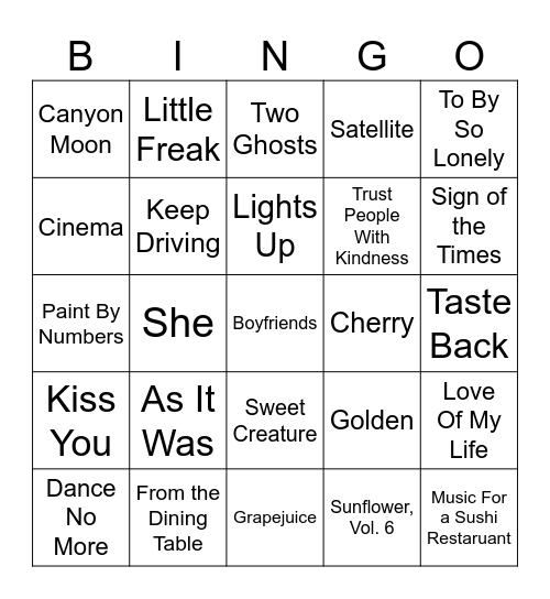Harry Styles Bingo Card