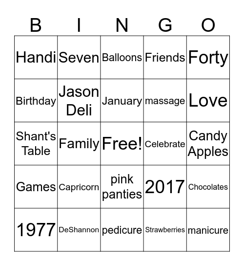 Shanta's Birthday Bingo Card