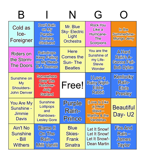 Weather Songs Bingo Card