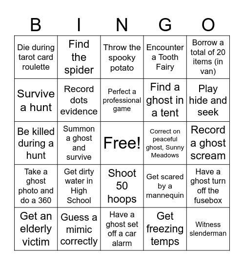 Phasmo Tasks Bingo Card